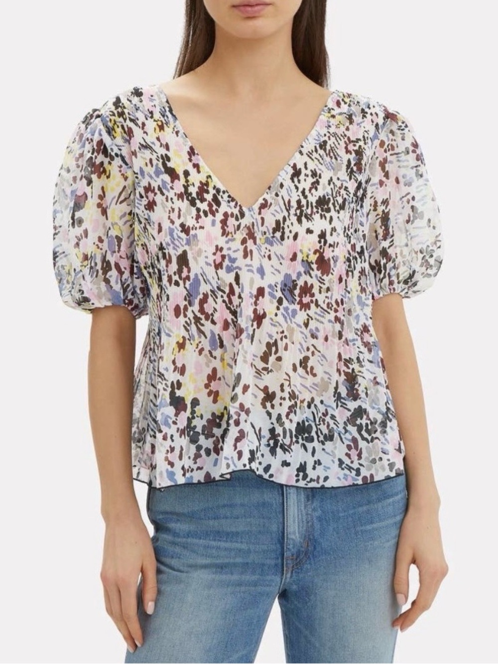 Ganni Multi-Color Floral Pintuck V-Neck Blouse